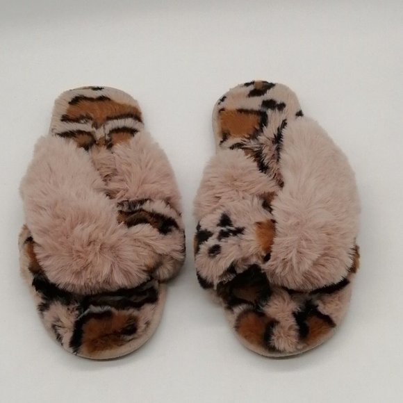 Loft Womens Slide Slipper Brown Beige Leopard Print Faux Fur Cross Straps M 7-8 - Picture 4 of 9